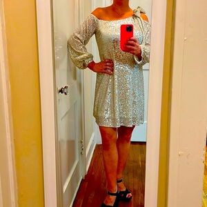 Sequin Long Sleeve Champagne Off the Shoulder Party Dress by CeCe Size M